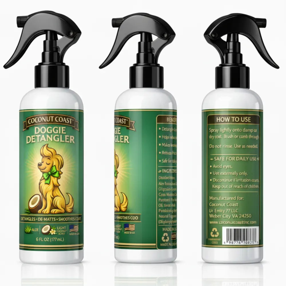 Coconut Coast doggie detangler spray bottle lineup for grooming routine