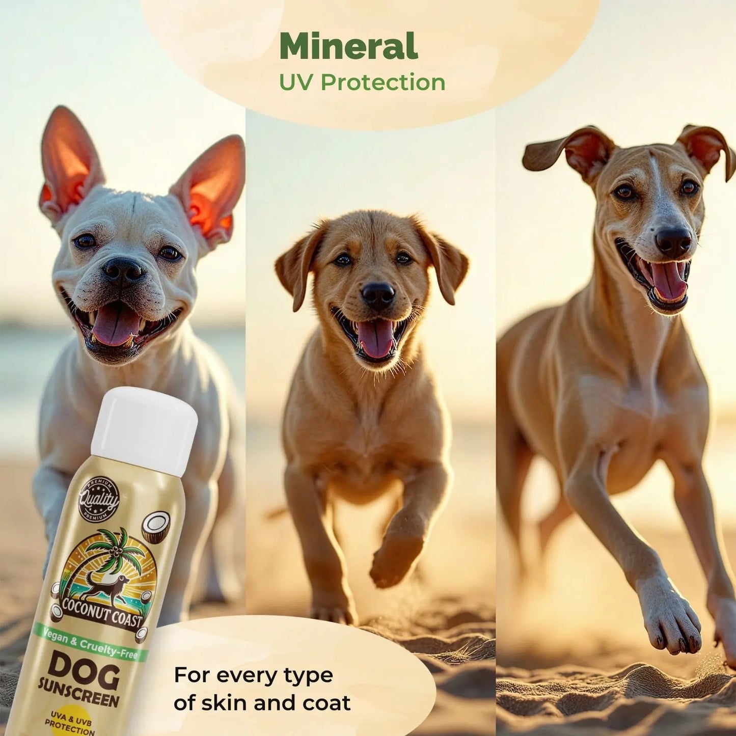 Dogs playing in sunlight protected by alcohol free dog sunscreen spray