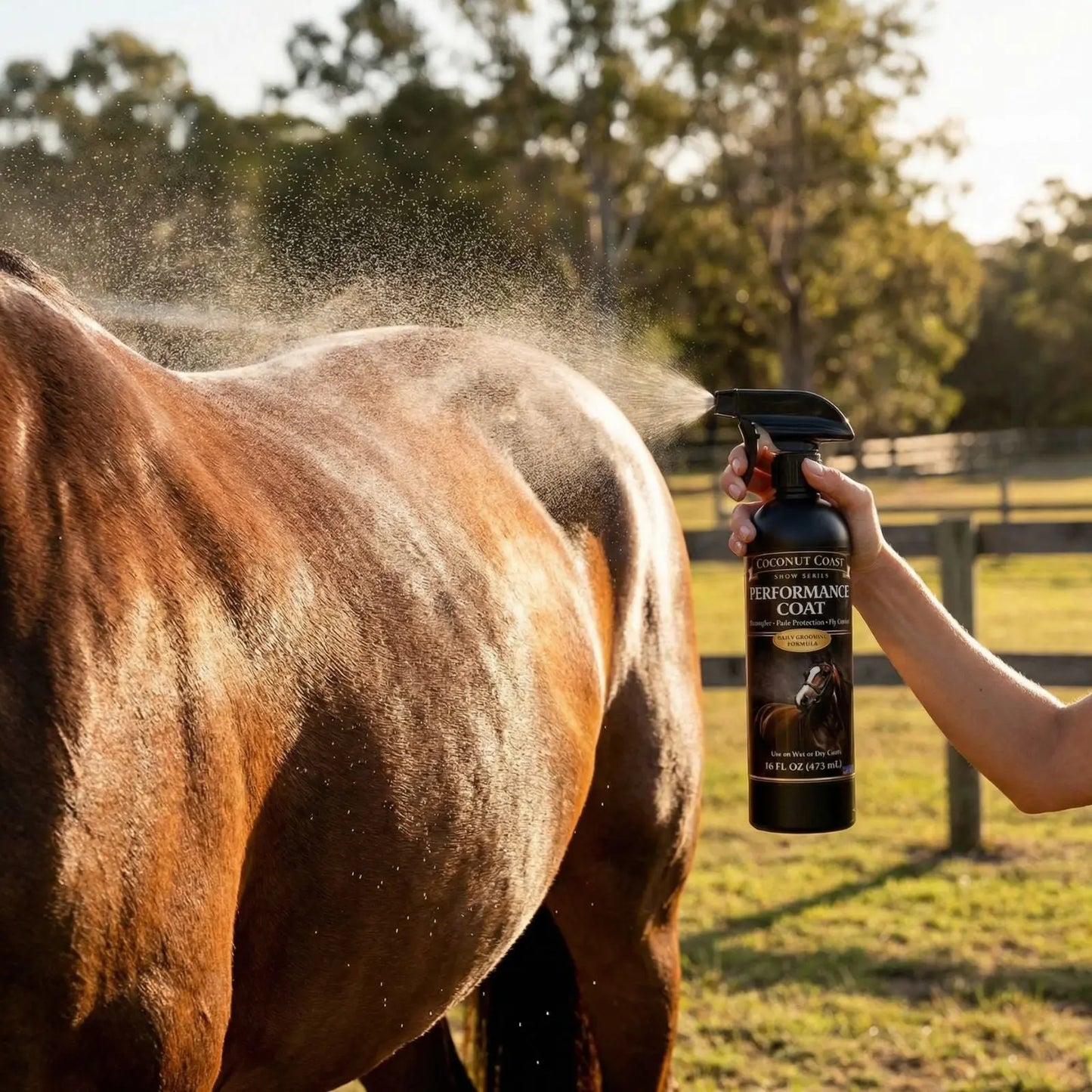 Healthy shiny horse coat after using Performance Coat grooming spray