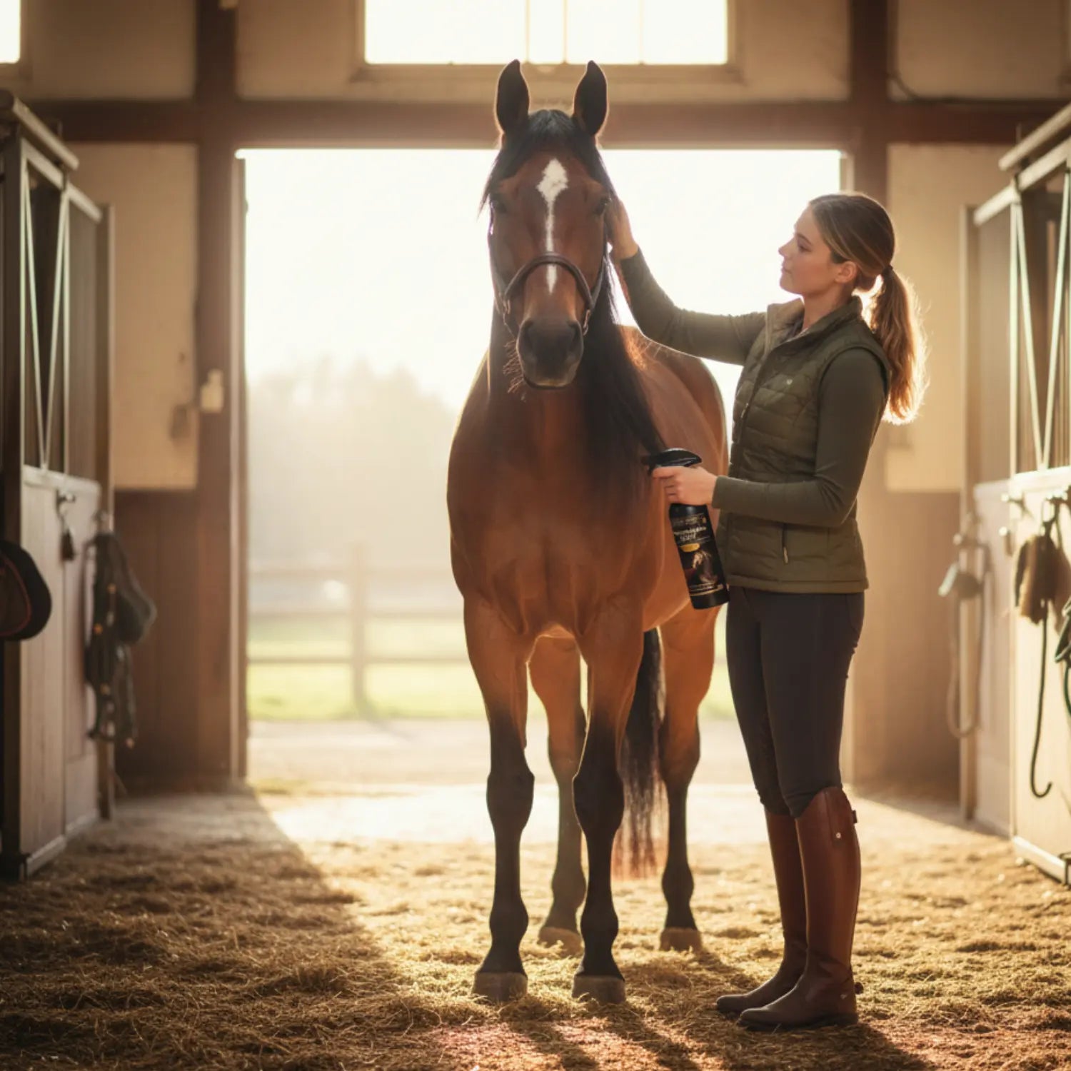 Grooming horse in stable with detangling shine spray for mane and coat