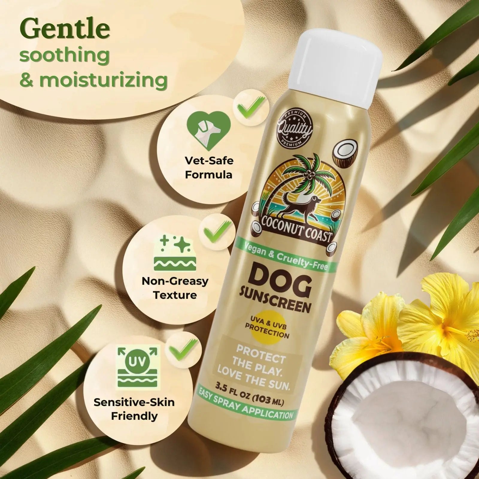 Natural ingredients in mineral dog sunscreen spray with titanium dioxide