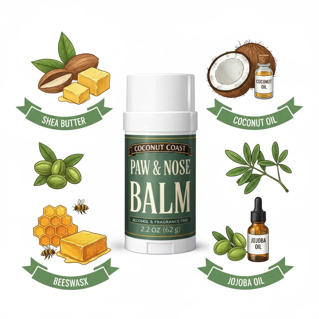 Natural ingredients in dog paw and nose balm shea butter coconut oil beeswax